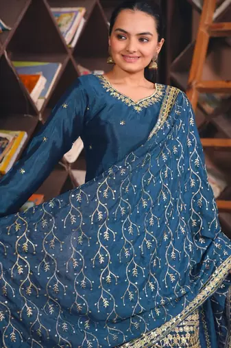 Navy blue chinon silk party wear embroidery suit set