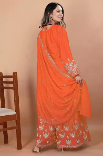 Orange  chinon silk party wear embroidery sharara suit