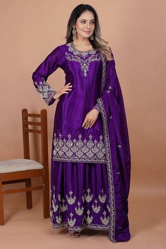 purple chinon silk party wear embroidery sharara suit