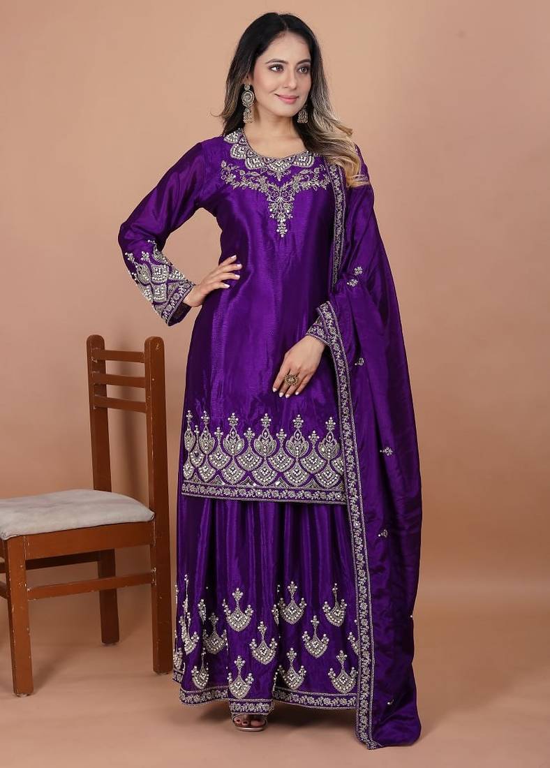purple chinon silk party wear embroidery sharara suit