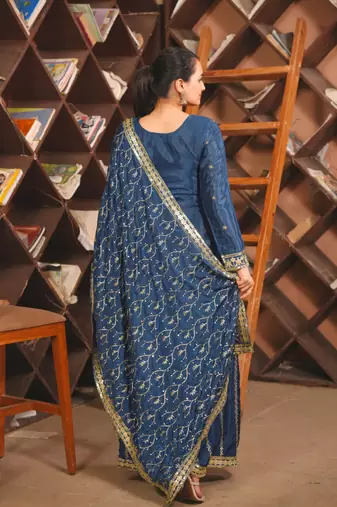 Navy blue chinon silk party wear embroidery suit set