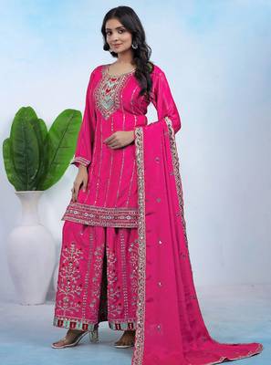 Pink chinon silk party waer embroidery suit set 1