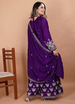 purple chinon silk party wear embroidery sharara suit 4