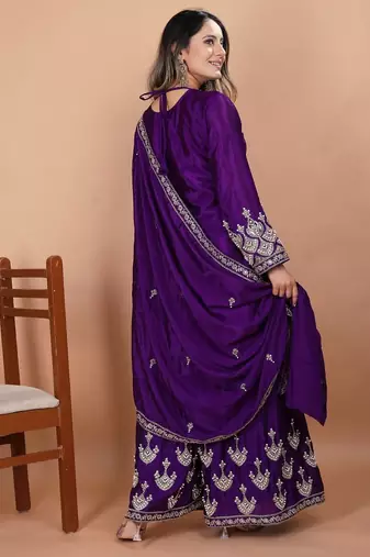 purple chinon silk party wear embroidery sharara suit