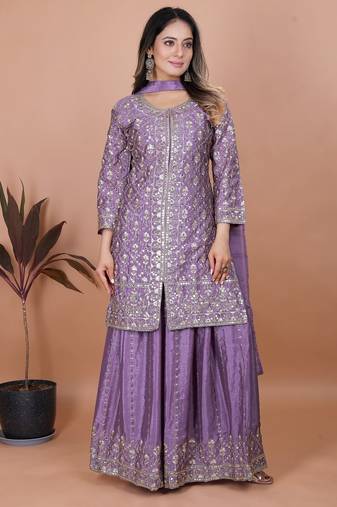 Light purple chinon silk party wear embroidery sharara suit