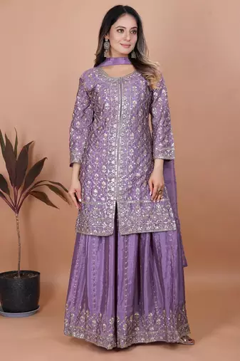 Light purple chinon silk party wear embroidery sharara suit