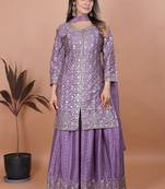 Light purple chinon silk party wear embroidery sharara suit