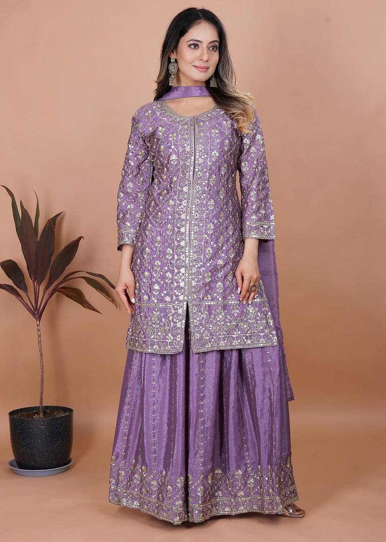 Light purple chinon silk party wear embroidery sharara suit