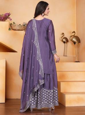 Light purple chinon silk party wear embroidery sharara suit 4