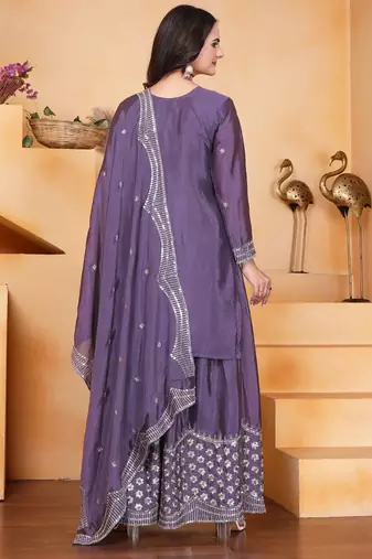 Light purple chinon silk party wear embroidery sharara suit
