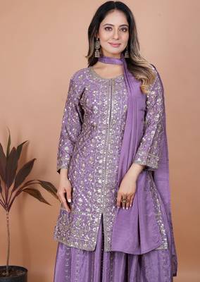Light purple chinon silk party wear embroidery sharara suit 3