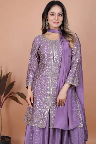 Light purple chinon silk party wear embroidery sharara suit