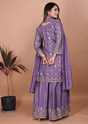 Light purple chinon silk party wear embroidery sharara suit 4