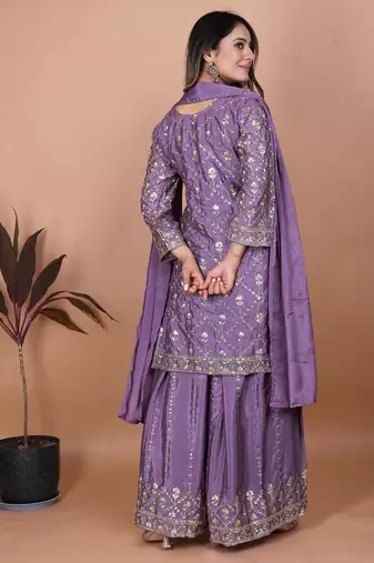 Light purple chinon silk party wear embroidery sharara suit