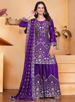 Purple  chinon silk party wear embroidery sharara suit set 1