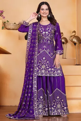 Purple  chinon silk party wear embroidery sharara suit set