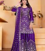 Purple  chinon silk party wear embroidery sharara suit set