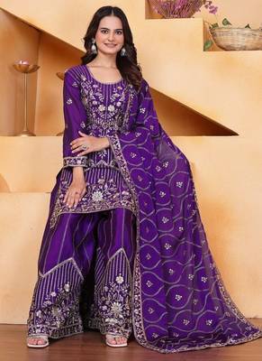 Purple  chinon silk party wear embroidery sharara suit set 3