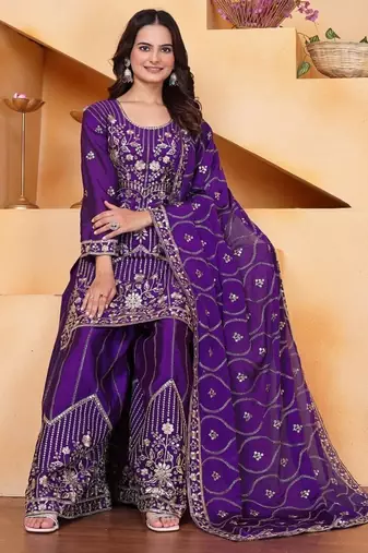Purple  chinon silk party wear embroidery sharara suit set