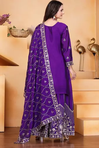 Purple  chinon silk party wear embroidery sharara suit set