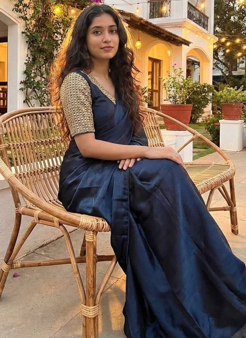 Neavy Blue Color  hand embroidery beats work Silk Saree