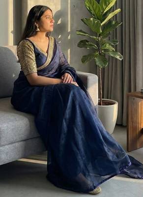 Neavy Blue Color  hand embroidery beats work art silk saree 2