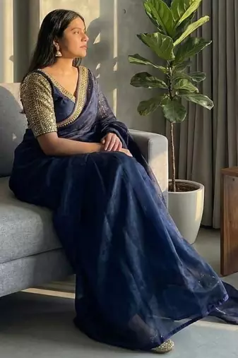 Neavy Blue Color  hand embroidery beats work art silk saree