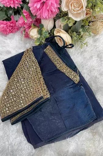 Neavy Blue Color  hand embroidery beats work art silk saree