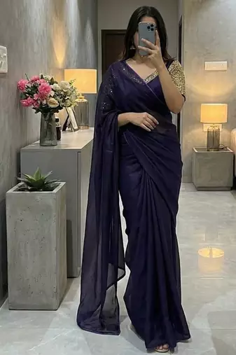 Purple Color  hand embroidery beats work Silk Saree