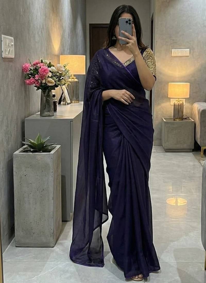Purple Color  hand embroidery beats work Silk Saree