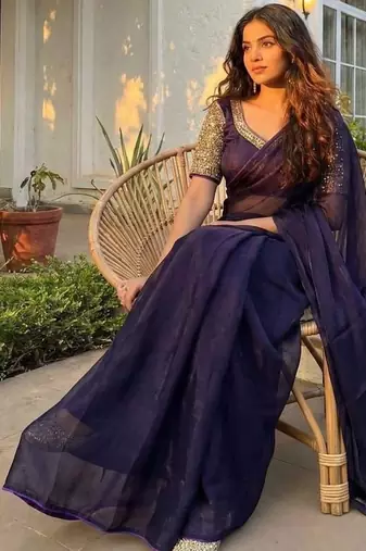 Purple Color  hand embroidery beats work art silk saree