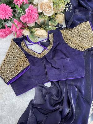 Purple Color  hand embroidery beats work art silk saree 3