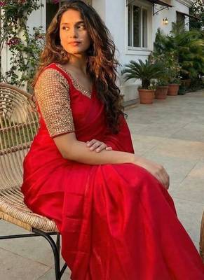 Red Color  hand embroidery beats work art silk saree 1