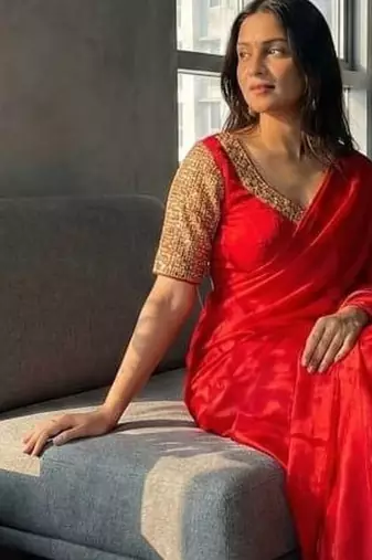 Red Color  hand embroidery beats work art silk saree