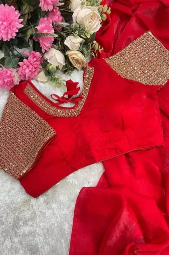 Red Color  hand embroidery beats work art silk saree