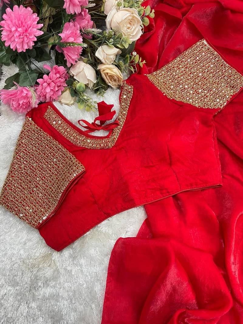 Red Color  hand embroidery beats work Silk Saree