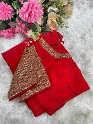Red Color  hand embroidery beats work art silk saree 4