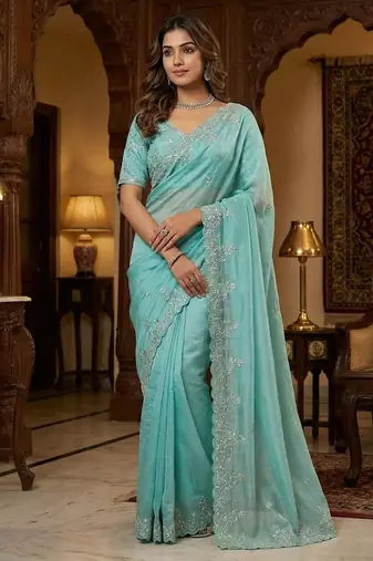 Light Blue Color sequence embroidery thread work  Silk Saree
