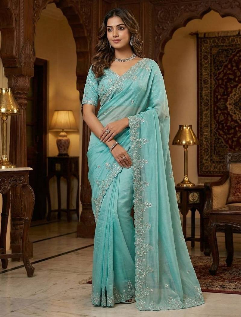Light Blue Color sequence embroidery thread work  Silk Saree