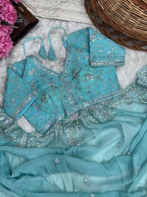 Light Blue Color sequence embroidery thread work  art silk saree 3