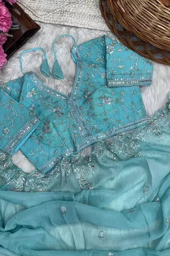 Light Blue Color sequence embroidery thread work  art silk saree