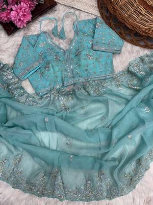 Light Blue Color sequence embroidery thread work  art silk saree 4