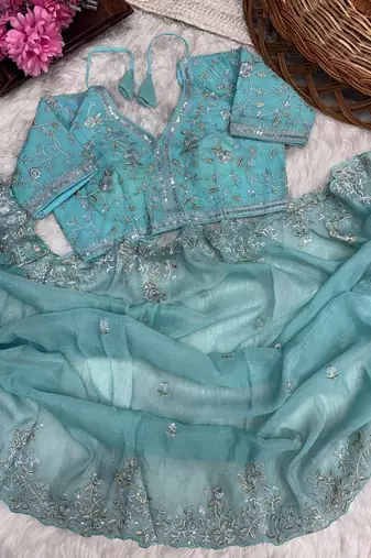 Light Blue Color sequence embroidery thread work  art silk saree