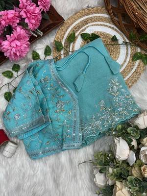 Light Blue Color sequence embroidery thread work  art silk saree 5
