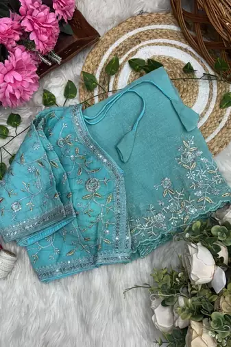 Light Blue Color sequence embroidery thread work  art silk saree