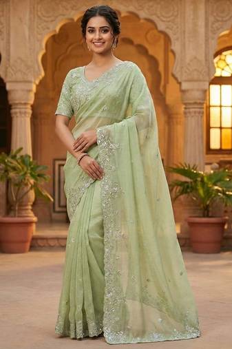 Light Green Color sequence embroidery thread work  Silk Saree