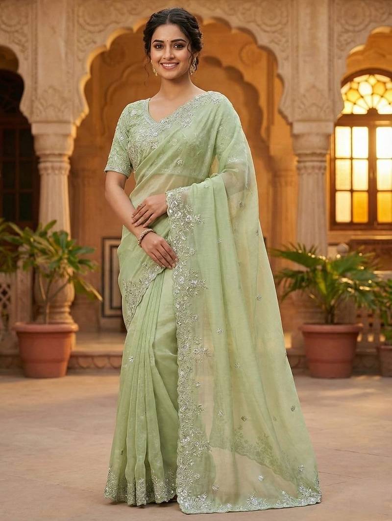 Light Green Color sequence embroidery thread work  Silk Saree