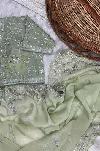 Light Green Color sequence embroidery thread work  art silk saree