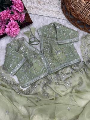 Light Green Color sequence embroidery thread work  art silk saree 3