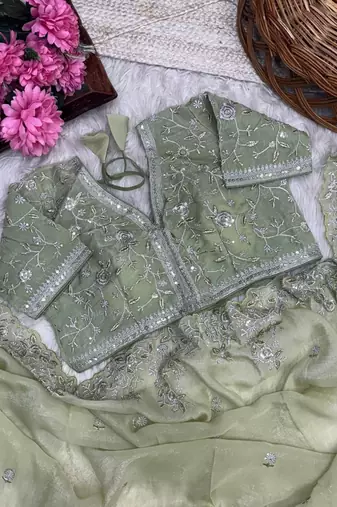 Light Green Color sequence embroidery thread work  art silk saree